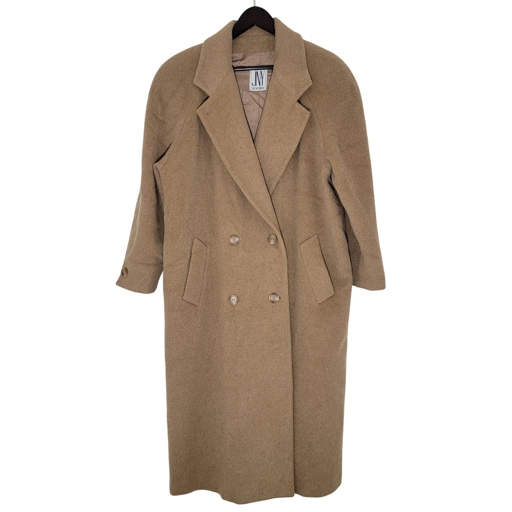 VTG JNY Jones New York Double Breasted 100% Pure Wool Long Coat Camel Tan Size L
